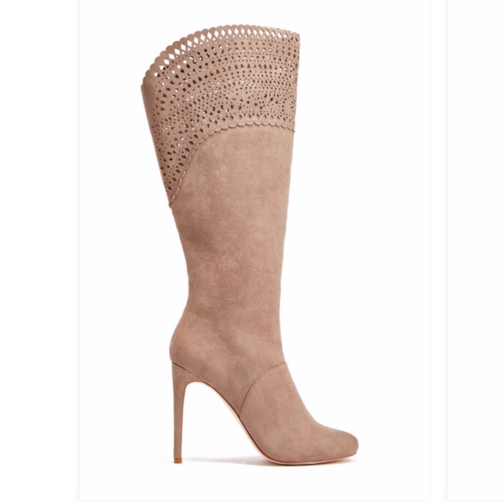 NWT JustFab Tan Faux Suede Heeled Boots - Picture 3 of 6